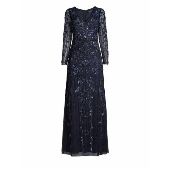 Aidan Mattox Sequined Beaded Long Sleeve Gown Navy Size 10 - Picture 7 of 15